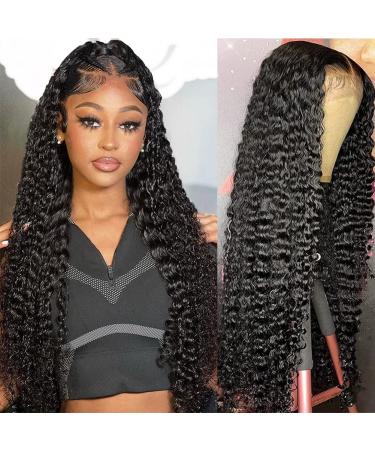 Deep Wave Lace Frontal Wig Human Hair 13x4 HD Transparent Deep Wave Lace Front Wigs Human Hair Wigs for Black Women Brazilian Lace Frontal Wigs Human Hair Pre Plucked with Baby Hair 150% Density Natural Color (24 Inch) 2...