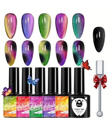 Cat Eye Gel Nail Polish Set With Magnetic Stick-9d Holographic Magnetic Nail Polish-5 Colors Pink Purple Red Green Glitterbels Gel Polish With Black Gel Polish Base Needed-Gel Nail Art Kit