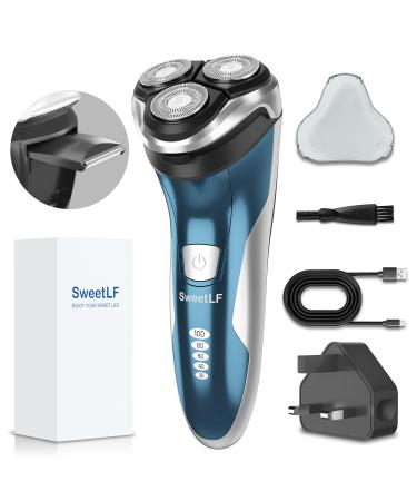 SweetLF Electric Razor for Men (120Mins Shaving Time & Fast UK Adapter 1H Charging ) IPX7 Waterproof Razor Wet & Dry Use Rechargeable 4D Rotary Shaver with Pop Up Trimmer LED Display Light Blue