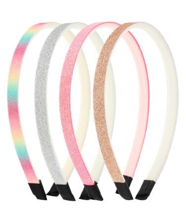 WLLHYF Glitter Headband 4pcs Plastic Sparkly Cute Non Slip Chunky Hairbands Thick Bling Confetti Rainbow Hair Bands with Teeth Little Girls Colorful Hair Accessories (Solid color - black tail)