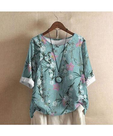 Women's Plus Size Dandelion Print Cotton Linen Short Sleeve Top - Blue (Medium) - Buy Online on GoSupps.com