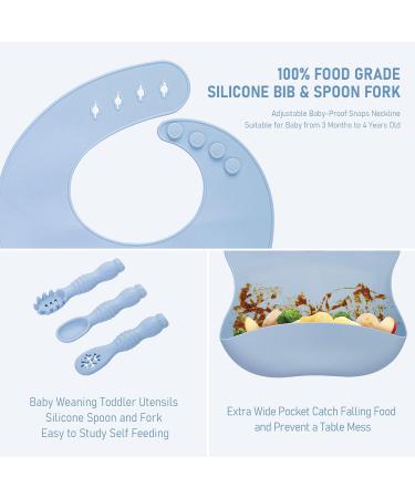 Silicone Baby Weaning Set (10 Pcs) - Adjustable Bib, Suction Bowl, Plate, Fork, Spoon, Cup Kit - Blue - for Babies, Toddlers, Kids - Buy Online on GoSupps.com