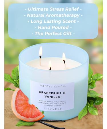 Grapefruit Vanilla 3 Wick Scented Candle | Aromatherapy Stress Relief | Natural Soy Candle | 15.8 oz Spa Freshness | Highly Scented Candle for Home & Relaxation - Buy Online on GoSupps.com