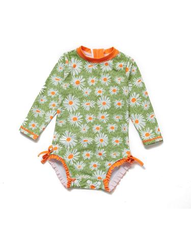 BONVERANO Baby Girls Swimsuit Toddler Bathing Suit Long-Sleeve Zipper One Piece Swimwear with UPF 50+ Sun Protection 18-24 Months Daisy