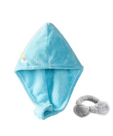 Microfiber hair towel - hair towel wrap hair towel turban with loop and button closure super absorbent fast drying hair towel blue