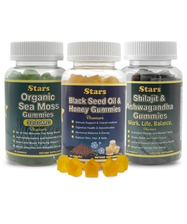 Vitastars Beauty Wellness & Clarity Pack: Black Seed Oil Sea Moss Shilajit & Ashwagandha Gummies for Digestive Health Energy and Skin Care Antioxidant & Immune Boost for Men & Women 3-Pack
