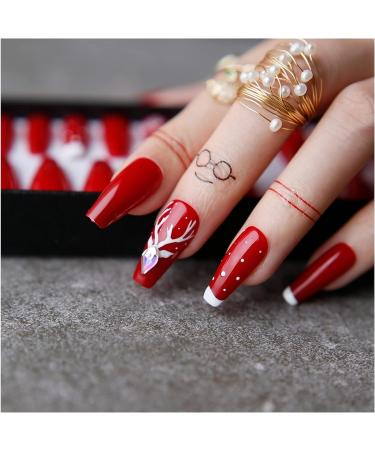 Christmas Reindeer Fake Nail Patches - Hand Painted Red 3D Acrylic Crystal Tips - Buy Online on GoSupps.com