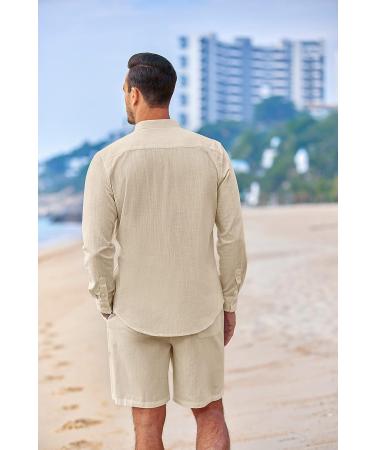 COOFANDY Men's Linen 2-Piece Set: Button Down Shirt & Drawstring Shorts - Khaki, X-Large - Buy Online on GoSupps.com