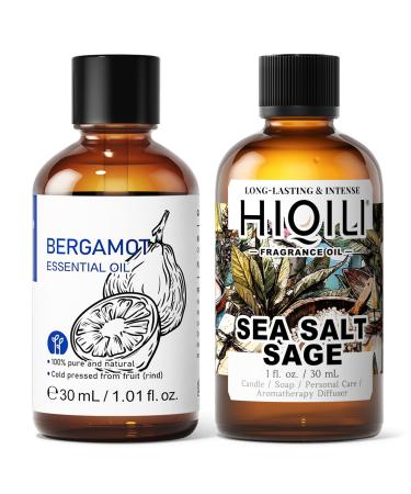 HIQILI 30ML Bergamot Essential Oil & 30ML Sea Salt Sage Fragrance Oil for DIY Diffuser