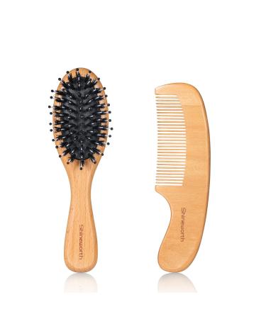 Toddler Hair Brush and Comb Set - Mini Boar Bristle Hairbrush for Thick Curly Thin Wet or Dry hair Detangle Massage Add Shine  Pocket Travel Small Paddle Hair Brush and Comb Set for Kids