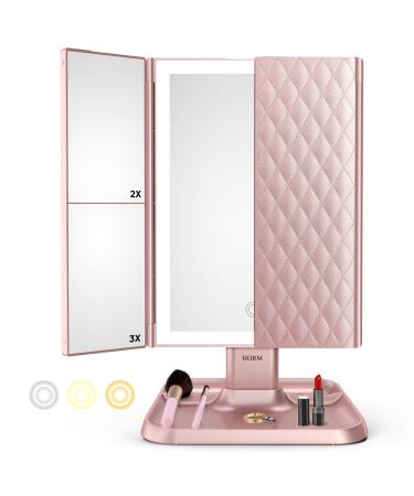 Makeup Mirror Trifold Mirror with Lights - 3 Color Lighting Modes 72 LED Vanity Mirror  1x/2x/3x Magnification  Touch Control Design  Portable High Definition Cosmetic Lighted Up Mirror Pale Pink