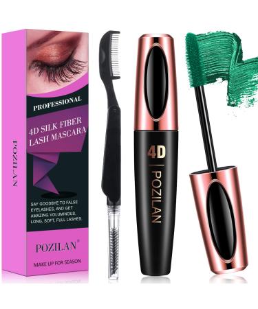 4D Silk Fiber Lash Mascara Green Color with Eyelash Comb Set, Colored Mascara Makeup for Eyelashes Waterproof Long Lasting, Thickening and Lengthening, All Day Exquisitely