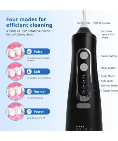 PRIMIS Cordless Water Flosser - 4 Modes, Large 310ML Tank, 6 Jet Tips, USB Rechargeable - Oral Irrigator for Travel & Home - Plaque Remover for Teeth - Waterproof (White/Black) - Buy Online on GoSupps.com