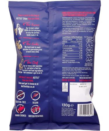 Kettle Chips Sea Salt & Balsamic Vinegar of Modena Sharing Crisps 130g Hand Cooked in Norfolk. Absolutely Nothing Artificial. British Potatoes. Gluten-Free. Suitable for Vegans. - Buy Online on GoSupps.com