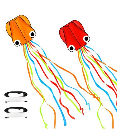 YSBER 2 Pack Large Octopus Kites 3.8ftx2.3ft 3D Mollusc Octopus Kite with 157 Inch Long Colorful Tail Easy Flyer Kite for Children Adults Beginner Outdoor Beach Park Kite Red+Orange