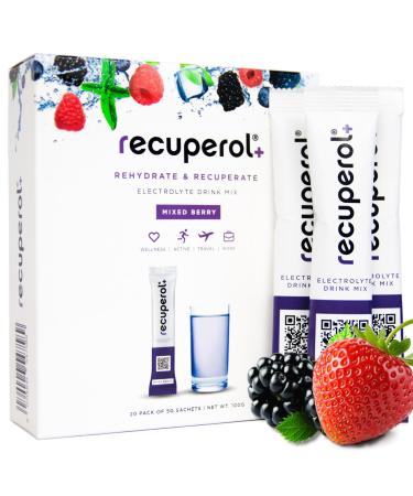 Recuperol Rehydration & Recovery Electrolytes Powder Supplement for Dehydration Replace Electrolytes (Mineral Salts) & fluids Zinc Vitamin C B12 D3 Potassium Mixed Berry - 20 Sachets