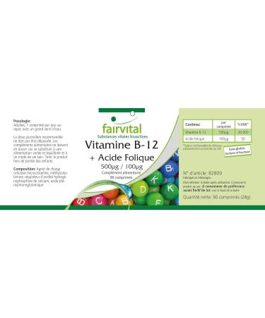Fairvital | Vitamin B12 + Folic Acid - Methylcobalamin Sublingual 500 g + Vitamin B9 100 g - Vegan - 90 Tablets - German Quality - Buy Online on GoSupps.com