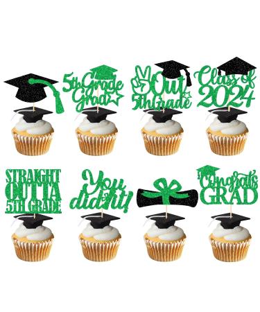 5th Grade Graduation Cupcake Toppers Green Glitter 5th Grade Graduation Party Decorations 2023 Boy Girl Kids Fifth Grade Graduation Party Decorations Supplies