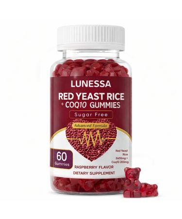 LUNESSA Red Yeast Rice and Coq10 Gummies Red Yeast Rice 2400mg & Coq10 200mg Support Healthy Cholesterol Levels & Restore Energy Improved Digestion Vegan Raspberry Flavor 60 Gummies (1)