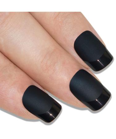 False Nails Bling Art French Fake Matte Gel Glitter Polished Squoval 24 Acrylic Medium Tips Glue (Matte Black)