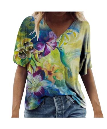 Womens Summer Tops Short Sleeve Plus Size Tops V Neck Casual Loose T Shirts Floral Print Tunic Basic Tees Henley Tops A00-green X-Large