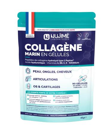 Collag ne Marin + Acide hyaluronique et Biotine | Peptides de Collag ne Hydrolys s Type 1 | Peau Cheveux Articulations | Fabriqu en France (90 G lules | 30 jours)