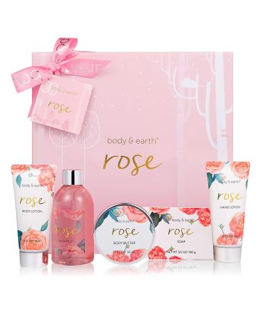 BODY & EARTH Bath Spa Women Gift Set 5 Pcs Rose Gift Sets Box for Women Pamper Gifts for Women with Soap Shower Gel Body Butter Body Lotion Gifts for Women Birthday Gifts Christmas Gifts Rose New