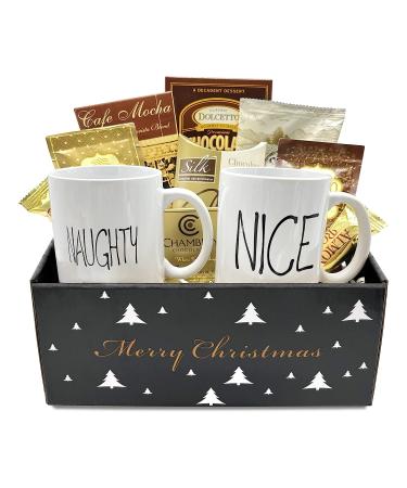 Naughty and Nice Coffee Gift Basket - Holiday Coffee Gift Box with Hot Cocoa, 2 Mugs, Wafers, and Snacks - Buy Online on GoSupps.com
