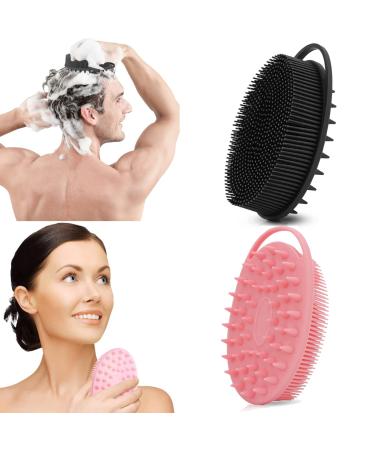 BENIFILE Upgrade Exfoliating Silicone Body Scrubber  Set of 2 Soft Sud Scrub Body Scrubber  2 in 1 Premium Silicone Loofah for Sensitive Kids Women Men All Kinds of Skin  Lathers Well(Pink  Black)