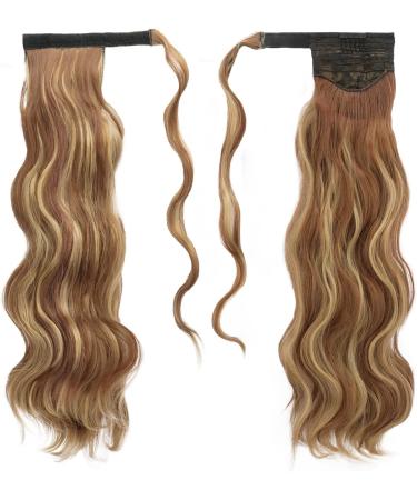 FESHFEN Long Wavy Ponytail Extensions 60cm Body Wavy Wrap Around Hair Brown & Blonde | Curly Clip in Synthetic Hairpiece for Women & Girls - Buy Online on GoSupps.com