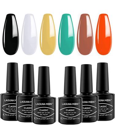 6-Piece LagunaMoon Gel Nail Polish Set - Black White Orange Teal Yellow Brown High-Shine Kit for Salon Quality DIY Nails - UV LED Soak Off Lacquer Varnish Manicure Pedicure Neon Cutie - Buy Online on GoSupps.com