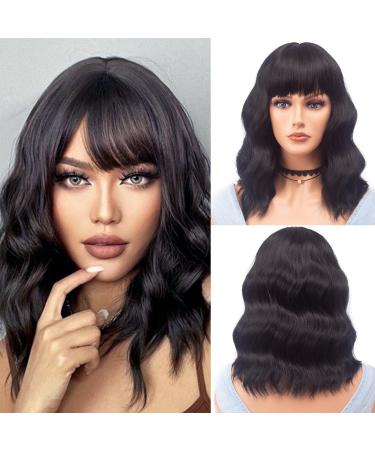 Aiemnnie Short Bob Wig with Bangs for Women Wavy Wig Syntheyic Wigs with Bangs Curly Wavy Wig for Girls Daily Use (Natural Black)