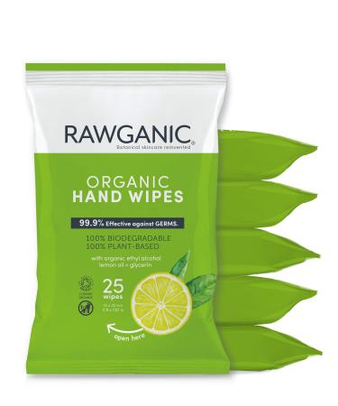 Rawganic Hand Wipes Organic Cotton Hand Wipes | with Glycerin and Lemon Oil | 6 Packs (150 count)