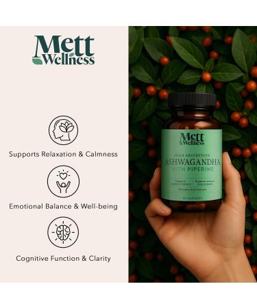 Mett Wellness Ashwagandha with Piperine | 60 Capsules | Supports Brain Function Energy & Immune Function | Helps Encourage a Sense of Restfulness - Buy Online on GoSupps.com