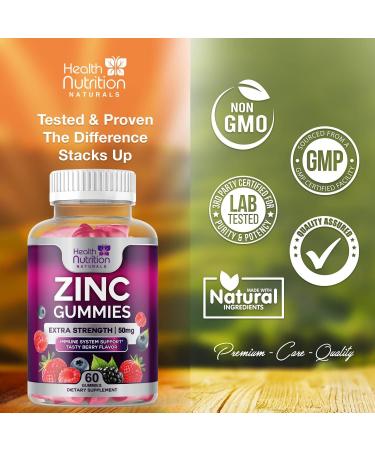 Vegan Zinc Gummies 50mg Supplement - Immune Support & Antioxidant for Skin Health - Gluten & GMO-Free Chewable Vitamins - 60 Gummies - Buy Online on GoSupps.com