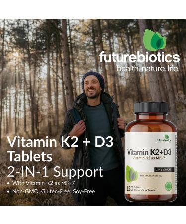 Futurebiotics Vitamin K2 with D3 2 in 1 Support 5000 IU Vitamin D3 & 90 mcg Vitamin K2 MK-7 Non-GMO 120 Tablets 120 Count (Pack of 1) - Buy Online on GoSupps.com