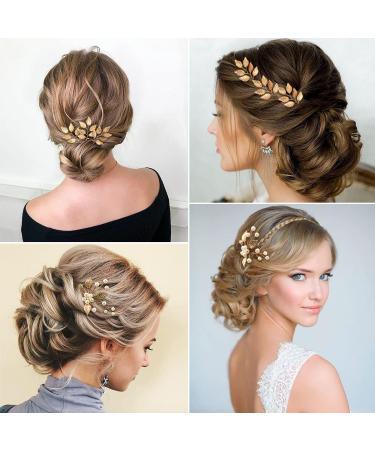 Gold Leaf Crystal Pearl Wedding Hair Pins - Set of 6 Vintage Bridal Accessories with Rhinestone for Brides, Bridesmaids, Flower Girls - Buy Online on GoSupps.com