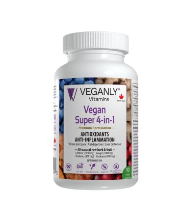 VEGANLY Vitamins Vegan Super 4-in-1 Antioxidants & Anti-inflammation Supplement 90 veggie capsules. Joint pain relief Easy digestion Liver health & Prevent nausea. Multi health benefits in a holistic approach to well-being. (NPN80085494)