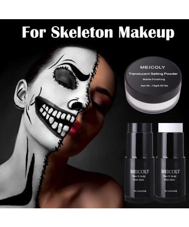MEICOLY Black White Face Body Paint Stick Set - Complete Halloween Makeup with Sponges & Setting Powder for Adults & Kids Perfect for Clown SFX Skull Zombie and Goth Looks - Buy Online on GoSupps.com