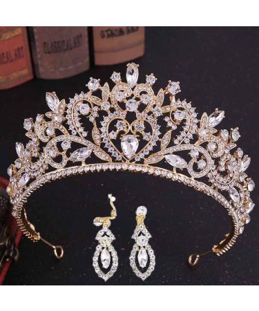 Eaytmo Bride Wedding Crown and Tiaras with Earring Gold Queen Rhinestone Headpieces Vintage Bridal Hair Accessories Wedding Jewelry Set for Women and Girls (Gold)