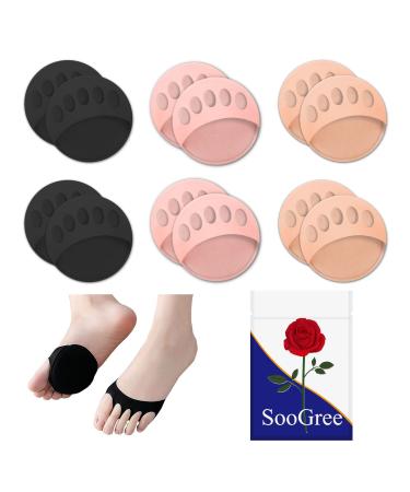 SooGree Ball of Foot Cushions for Women (6Pairs) - Honeycomb Metatarsal Pads Invisible Socks Soft Ball of Foot Pads Reusable Forefoot Pads for Women Men Prevention Pain Relief Black-complexion-pink 6 pairs