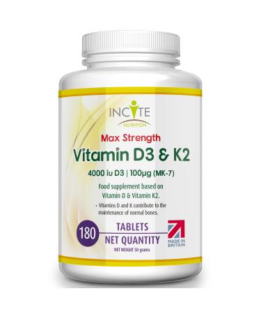 Vitamin D3 K2 (MK7) 100 UG - Vitamin D3 4000iu & Vitamin K2-180 Premium Vegetarian Tablets - 6 Month s Supply - High Strength Quality - Made in The UK by Incite Nutrition Vitamin D3 4000iu + K2