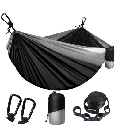 Camping Hammock for Outdoor Double & Single Portable Hammocks with 2 Tree Straps, Lightweight Nylon Parachute Hammocks Black & Grey Large