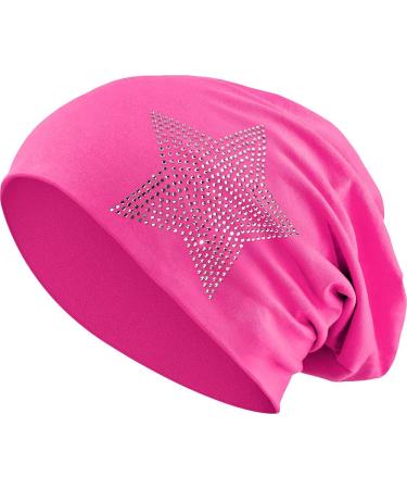 Rhinestone Star Stones Jersey Cotton Elastic Long Slouch Beanie Unisex Ladies Hat Heather Winter Hat (2) One Size Pink