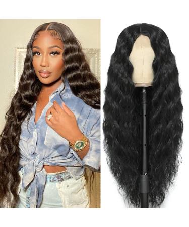 32 Long Curly Synthetic Wigs for Black Women Fake Scalp Wig Deep Wave Lace Front Wig Middle Part Natural Looking  Color 1B 32 Inch 1B
