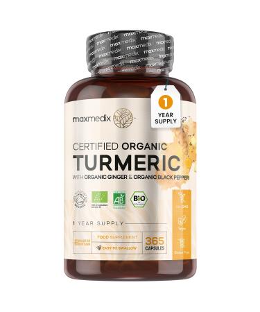 Organic Turmeric and Black Pepper Capsules with Ginger & Active Curcumin - 1 Year Supply (365 Turmeric Capsules) - Vegan Turmeric Supplement for Joints - Soil Association Certified