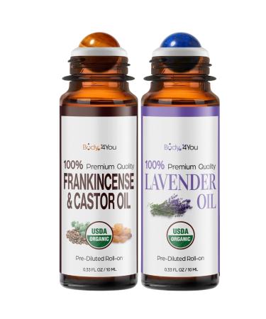 BodyJ4You Frankincense and Lavender Essential Oil Roll On Duo - USDA Organic Castor Oil and MCT Coconut Oil - Tigerite and Amethyst Stone Rollers - Amber Glass Rollerball - Pulse Points Skin Care Slee
