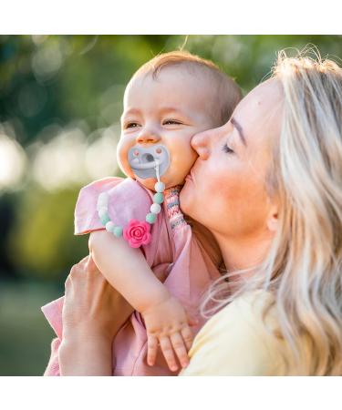 Pacifier Clip 2 Pack for Baby Boys and Girls - Neutral Binky Holder with Flower Design - Beige Grey and Green Grey - Buy Online on GoSupps.com
