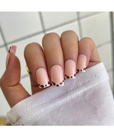 JUSTOTRY 24 Pcs Leopard Short False Nails Square White French Press on Nails Pattern Pretty Pink Fake Nails Short with Nail Glue Stick on Nails for Women Squoval Nails Fake Nail for Nails Art Leopard&white1