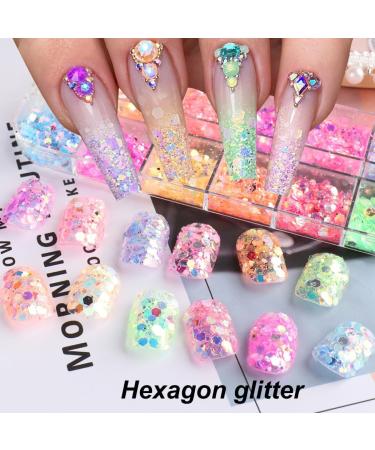 Holographic Nail Art Glitter & Iridescent Flakes - 12 Grids Mermaid Sequins for DIY Nail Design & Decoration | Colorful Fluorescent Supplies - Buy Online on GoSupps.com